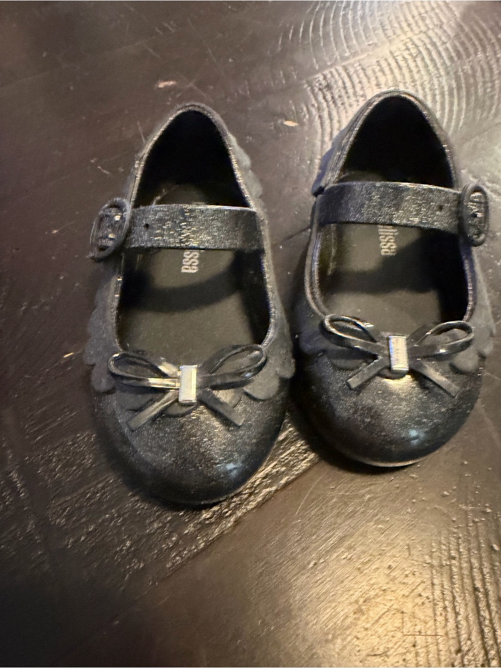 Mini Melissa Girls Shimmery Black Mary Jane Flats with Bow